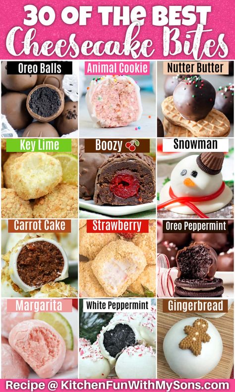 These recipes for Cheesecake Bites are such a huge hit with kids and adults! No-bake cheesecake balls and cups for all seasons and perfect for any gathering. Cake Mix Cheesecake Bites, No Bake Cake Balls 3 Ingredients, Cheesecake Truffles No Bake, Cake Mix Truffles No Bake, Mini Cheesecake Balls, Easy Mini Cheesecake Bites, Cakeballs Recipes, No Bake Cream Cheese Recipes, Cheesecake Balls No Bake