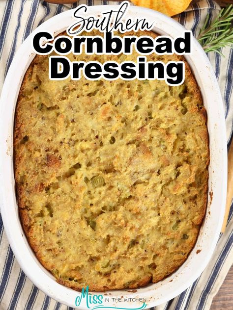 Southern Cornbread Dressing is a savory and delicious addition to any Thanksgiving or Christmas holiday table. Flavored with sage, garlic, onions and celery. This is sure to taste just like grandma would make! Southern Dressing Recipe, Dressing Cornbread, Dressing Casserole, Southern Cornbread Dressing, Cornbread Dressing Recipe, Southern Style Cornbread, Raisin Pie, Dressing Recipes Thanksgiving, Chicken Dressing