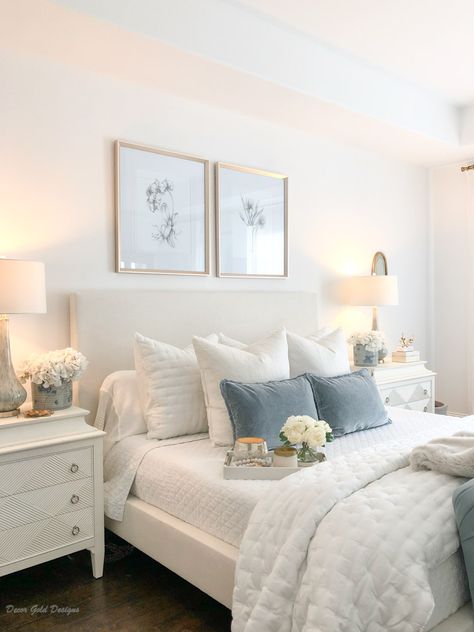 Top Posts of 2019 - Decor Gold Designs Classy Clean Bedroom Ideas, Bedroom Ideas Dusty Blue, White Room With Blue Accents, Simple Classy Room Ideas, Master Bedrooms Decor Pop Of Color, Blue Gold Room Decor, Gold And White Room Aesthetic, Decor Gold Designs, Guest Bedroom Ideas White Furniture