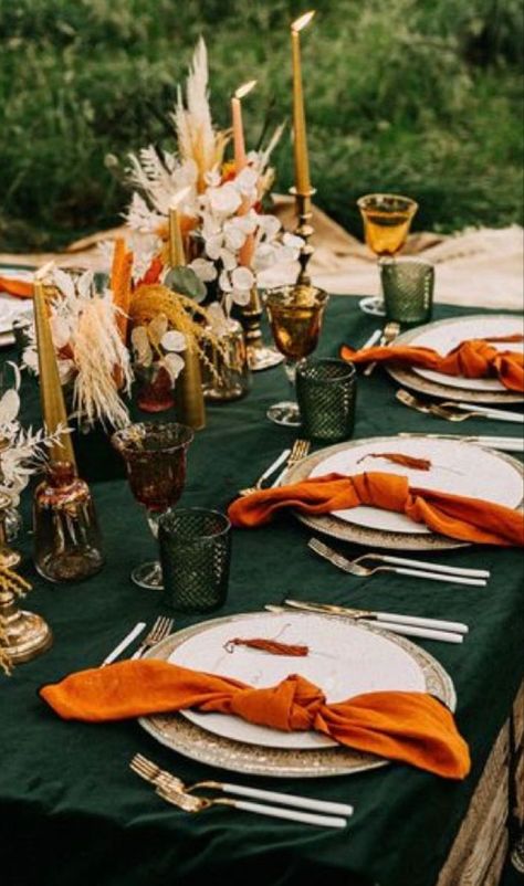 Fall Color Table Setting, Burnt Orange And Green Table Decor, Dark Green And Rust Orange Wedding, Terracotta And Pine Green Wedding, Orange And Green Event Decor, Rustic Orange And Forest Green Wedding, Emerald Green Fall Decor, Green And Rust Table Setting, Burned Orange And Green Wedding