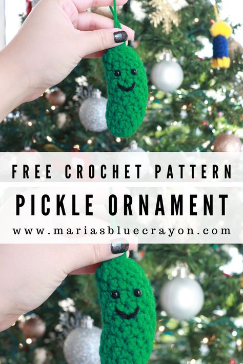 Crochet this pickle ornament and start a new tradition with your family this year! First person to spot the pickle Christmas morning gets a reward! #crochet #pickle #pattern #ornament Crochet Holidays Pattern Free, Christmas Pickle Crochet Pattern, Crochet Christmas Pickle Ornament, Pickles Crochet Pattern Free, Crochet Pickle Ornament, Crochet Christmas Pickle Free Pattern, Crochet First Christmas Ornament, Pickle Pattern Crochet, Crocheted Pickle Pattern