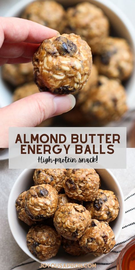 Energy Balls - easy and yummy almond butter high protein snack bites that is kid friendly and perfect for school lunches and snack. Made with almond butter, raisins, oats and more. Great as a quick breakfast as well. Can be made ahead. Oat Almond Butter Balls, Protein Balls Without Peanut Butter Energy Bites, Almond Butter Protein Bites, Healthy Almond Bars, Apple Butter Protein Balls, Oatmeal Balls No Peanut Butter, Protein Balls Healthy No Peanut Butter, Oats Almond Butter Energy Balls, Wow Butter Energy Balls