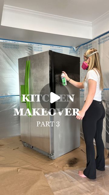 Sammie | diy & furniture flips on Instagram: "Painting my FRIDGE?! 🤯 7-Day Kitchen Makeover FINAL PART 🙌🏻 #ad   This refrigerator came with our house when we bought it, but had lots of little rust spots and scratches. New appliances are expensive, so I opted for the @rustoleum appliance paint to give it a refresh until we save up for a new one.    It turned out WAY better than I expected, and would be the perfect way to refresh even a thrifted fridge 🙌🏻 Would you ever try this?!   Comment “KITCHEN” for a full product list, or head to the link in my bio!   #diy #RustoleumPartner #upcycle #diyhack #homehack #kitchenmakeover" Update Old Fridge, Can You Paint A Refrigerator, Painting A Fridge Diy, Spray Paint Refrigerator, Painting Refrigerator Diy, Painting A Refrigerator, Refrigerator Painting Ideas, Painting Kitchen Appliances, Painted Refrigerator Diy