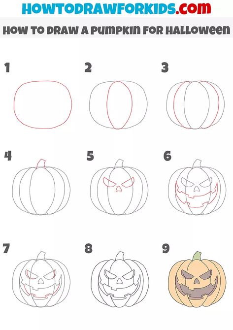 How to Draw a Pumpkin for Halloween - Drawing Tutorial For Kids Easy Halloween Drawings Pumpkin, How To Draw A Pumpkin, Halloween Pictures To Draw, Draw A Pumpkin, Procreate Practice, Draw Halloween, Face Step By Step, Pumpkin Sketch, Draw Book