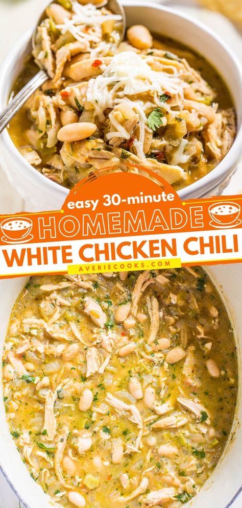 Easy 30-Minute Homemade White Chicken Chili - Averie Cooks Healthy White Chicken Chili Stove Top, Crock Pot Chicken Chili Recipes, White Chicken Chili Stove Top Easy, Stove Top White Chicken Chili, Homemade White Chicken Chili, Best White Chicken Chili Recipe, White Bean Chicken Chili, White Bean Chili, Averie Cooks