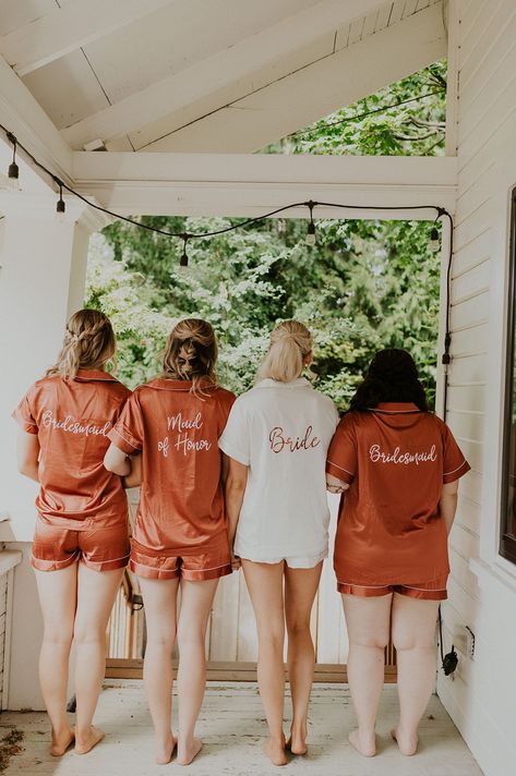 Terracotta Bridesmaid Pjs, Terracotta Bridesmaid Pajamas, Bride And Bridesmaid Getting Ready Outfits, Morning Of Wedding Ideas Bridal Parties Outfits, Matching Bridesmaids Getting Ready, Western Wedding Bridesmaids Proposal, Get Ready Outfits For Bridesmaids, Bridesmaid Getting Ready Outfit Fall, Bridesmaids Sleepover