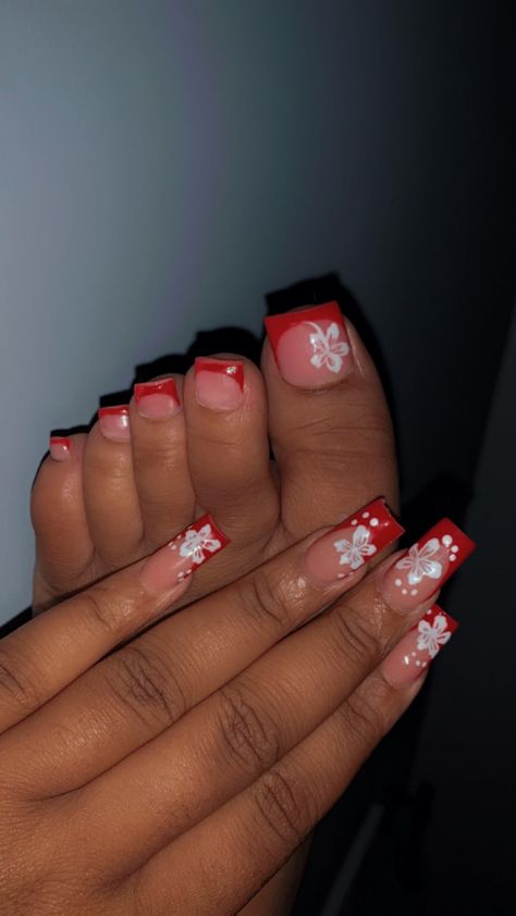 White Tip And Flower Nails, Easy Red Nails Design, Hibiscus Flower Nails Red French Tip, Toe Nails Ideas Flowers, Nail And Pedicure Ideas, Old School Flower Nail Design, White Nails With Hawaiian Flower, Hibiscus Flower Toe Nails Design, Summer Nail And Toe Ideas