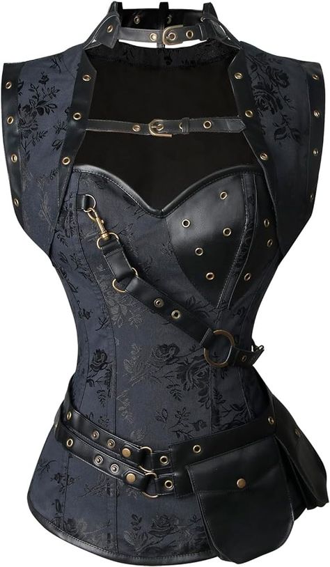 Charmian Women's Retro Goth Spiral Steel Boned Brocade Steampunk Bustiers Corset with Jacket and Belt Brown X-Small at Amazon Women’s Clothing store Diy Corset, Modern Corset, Leather Corset Top, Burlesque Corset, Steampunk Leather, Corset Tops, Steampunk Corset, Steel Boned Corsets, Gothic Clothes