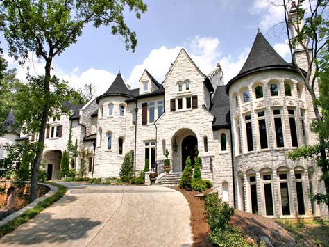 Castle style home - 8976 Old Southwick Pass, Alpharetta, GA Homes That Look Like Castles, Modern Castle Exterior, Castle Modern House, Castle Like Homes, Castle Style House, Modern Castle House, Castle House Modern, Castle Style Homes, Castle House Design