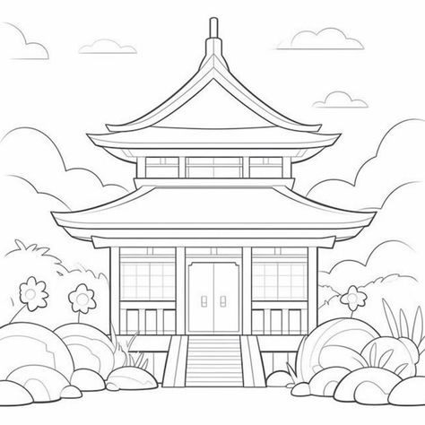 Japan Pagoda Drawing, Chinese House Drawing Easy, Japanese Background Drawing, Drawing Japanese House, Japan Architecture Drawing, Japanese House Drawing Easy, Japanese Drawings Easy, Japan House Drawing, Japanese House Sketch