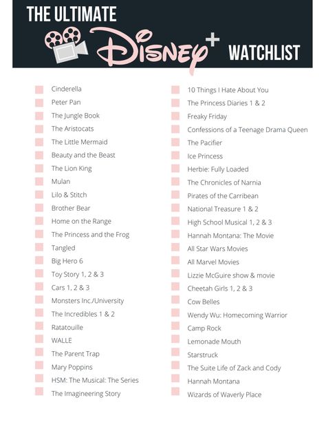 the ultimate disney+ watchlist Disney Watchlist, Aesthetic Movies To Watch, Princess Movies List, Disney Movie Marathon, All Marvel Movies, Disney Original Movies, Disney Movies List, Teenage Drama, Netflix Movies To Watch