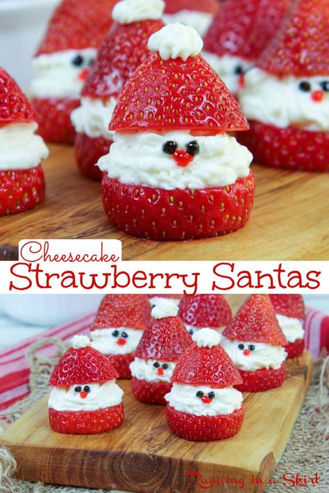 Easy Christmas Treats For Party, Cheesecake Strawberry Santas, Fun Easy Christmas Treats For Kids, Strawberry Santas With Cream Cheese, Christmas Cute Food Ideas, Christmas Themed Sweets, Fun Christmas Meals For Kids, Christmas Food Kids Cute Ideas, What To Bake For Christmas