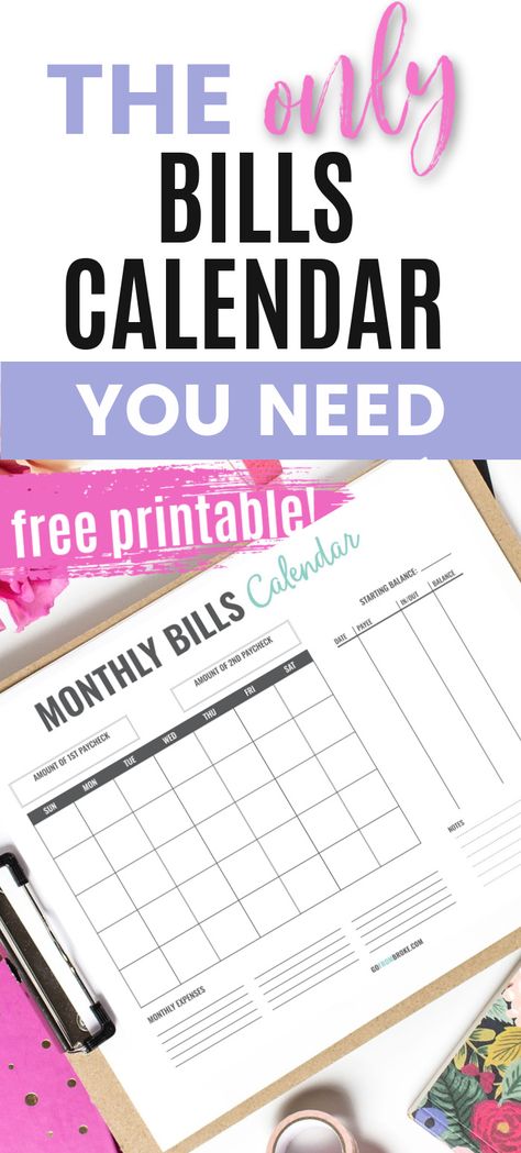 Are you tired of living paycheck-to-paycheck? Learn how to budget by using a monthly bills calendar to keep track of your bills and paydays and finally get ahead. Use the free downloadable printable monthly bill calendar to organize your bills and track your expenses. #printable #budget Monthly Bill Calendar, Bills Calendar, Expenses Printable, Family Budget Planner, Bill Calendar, Budget Calendar, Monthly Bills, Printable Budget, Paycheck Budget