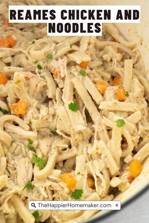 Homestyle Reames chicken and noodles starts with frozen egg noodles and adds perfectly seasoned shredded chicken and carrots to make this ultimate comfort food meal! Easy Chicken And Noodle Casserole Recipes, Chicken And Noodles No Canned Soup, Chicken And Noodles Egg Noodles, Chicken Noodle With Reames Noodles, Frozen Noodles And Chicken, Freezer Chicken And Noodles, Reames Frozen Egg Noodle Recipes, Reames Noodles Instant Pot, Chicken And Frozen Egg Noodle Recipes