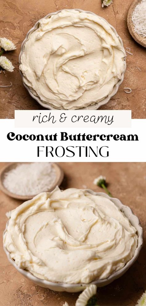 This fluffy coconut buttercream frosting is made with coconut extract and coconut cream for the most delicious tropical flavor! Butter and coconut cream make this frosting rich and creamy, perfect piped on cupcakes and slathered on cakes and cookies. It comes together in just 5 minutes! Coconut Cake With Buttercream Frosting, Pina Colada Buttercream, Coconut Butter Frosting, Coconut Cream Icing, Coconut Cream Cake Filling, Coconut Wedding Cake Recipe, Coconut Filling For Cake, Coconut Cream Cakes, Coconut Cream Frosting Recipe