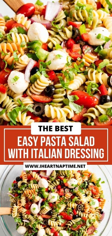 Filled with tender pasta and crisp colorful veggies, this flavorful and easy pasta salad with Italian dressing is a zesty must-have for any potluck! No Pasta Salad Recipes, Tricolor Pasta Salad Italian Dressing, Italian Pasta Salad No Meat, Italian Pasta Salad Vegetarian, Pasta Salad Recipes With Olive Garden Dressing, Pasta Salad Recipes With Italian Dressing Olive Gardens, School Lunch Pasta Salad, Pasta Salad With Italian Dressing Cold, Pasta Salad With Zesty Italian Dressing