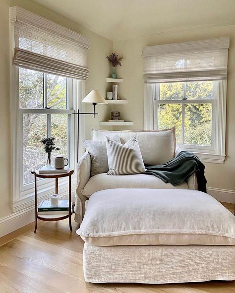 Chair Nook Living Room, Apartment Therapy Bedroom Inspiration, Built In Nooks, Cozy Condo Living Room, How To Mix Mid Century Modern And Traditional, Simple Clean Living Room Ideas, Reading Nook Sunroom, Cozy Organic Living Room, Decor For Blank Wall