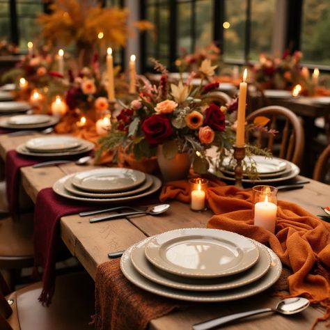 Fall colored wedding decor on tables Fall Wedding Outside Receptions, Fall Color Wedding Centerpieces, Fall Wedding Details, Fall Colored Wedding, Fall Reception Decorations, Fall Wedding Table Decorations, Rustic Fall Wedding Colors, Fall Wedding Table Settings, Fall Wedding Tablescapes