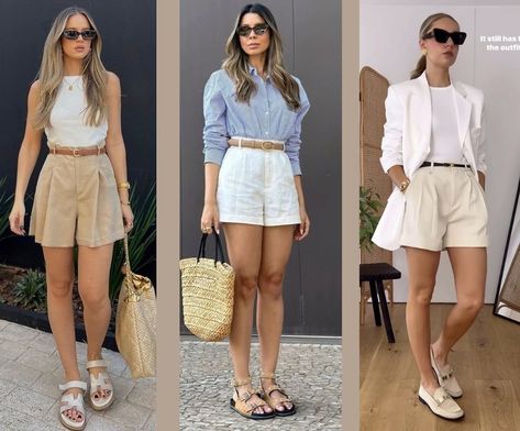 Navy Bermuda Shorts Outfit, Beige Shorts Outfits Women, White Bermuda Shorts Outfit, Beige Shorts Outfit, Bermuda Shorts Outfit, Mum Style, Money Clothing, Nude Shorts, Short Pants Outfit