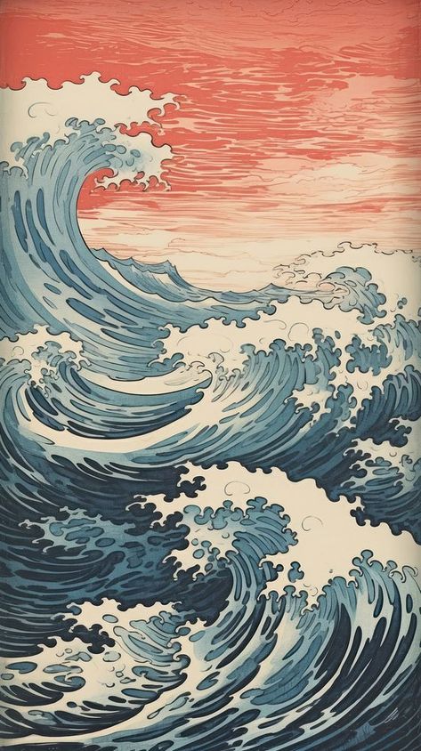 Japanese Sea Art, Water Japanese Art, Japanese Painting Ideas, Japanese Ocean Art, Sea Graphic Design, Ocean Waves Illustration, Japan Illustration Art, Great Wave Painting, Japanese Wave Painting