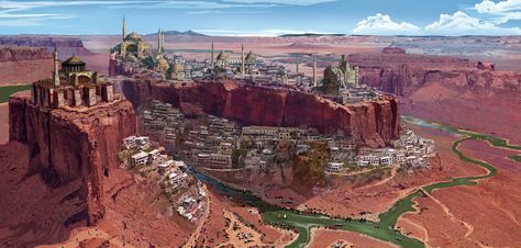 Desert Cities, Dnd Desert City, Desert City Concept Art, Fantasy Desert City Concept Art, Desert City, Desert Fantasy Art Cities, Canyon City Concept Art, Canyon Concept Art, Canyon City