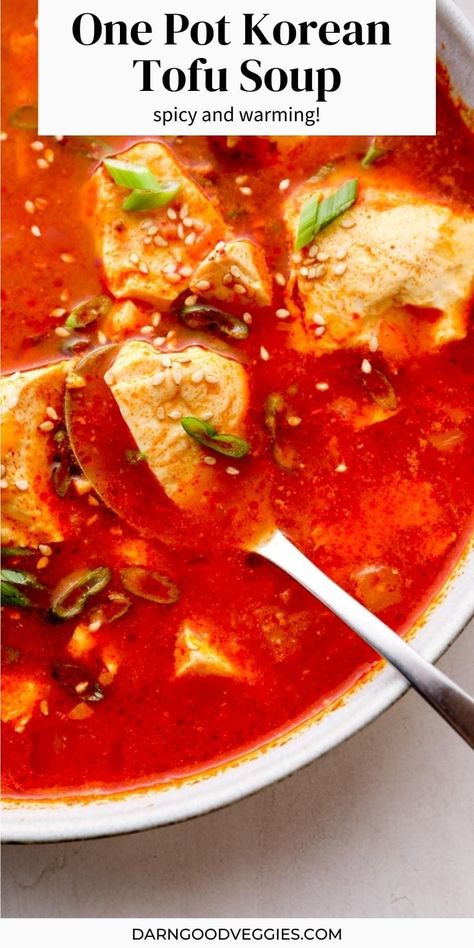 Korean Tofu Soup - a favorite one pot meal with fragrant garlic, spicy kimchi, and soft silken tofu. Ready in 30 minutes! This easy recipe is vegan, with a vegetarian option. Or add a protein! Korean Tofu Recipes, Korean Tofu Soup, Spicy Soup Recipes, Silken Tofu Recipes, Korean Tofu, Veg Stew, Spicy Kimchi, Tofu Soup, Vegan Asian Recipes