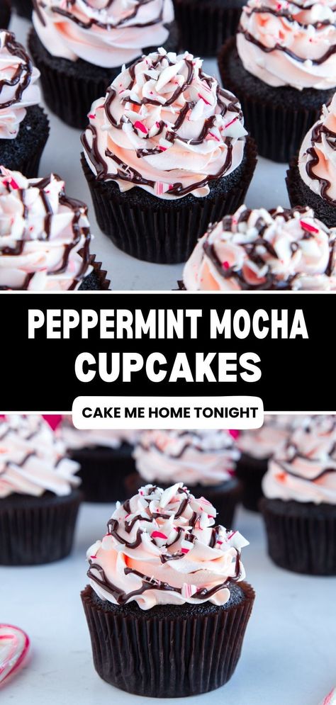 Peppermint mocha cupcakes made with chocolate mocha cake, candy cane buttercream frosting, chocolate ganache, and crushed candy canes. Easy cupcake recipe. Peppermint Mocha Cupcakes, Easy Cupcake Recipe, Chocolate Mocha Cake, Christmas Cupcakes Recipes, Boozy Cupcakes, Frosting Chocolate, Mocha Cupcakes, Mocha Cake, Chocolate Mocha