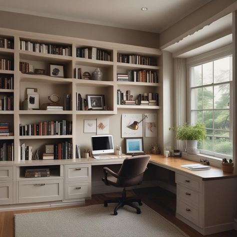 Desk And Library Work Spaces, Study Room Library Office Ideas, Built In Bookcase Desk Combo, Bookshelf Office Design, Bookshelf And Desk In Living Room, Home Decor Library Ideas, Home Office With Chairs, Curved Built In Desk, Arched Built Ins With Desk