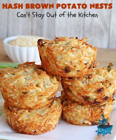 Eggs In Potato Nests, Hashbrown Nests Breakfast Cups, Muffin Tin Hashbrown Recipes, Potato Nests Appetizers, Einstein Bros Twice Baked Hashbrowns, Hashbrowns For A Large Group, Hashbrown Cups Muffin Tins, Shredded Potatoes Recipes Breakfast, Hash Brown Muffin Cups