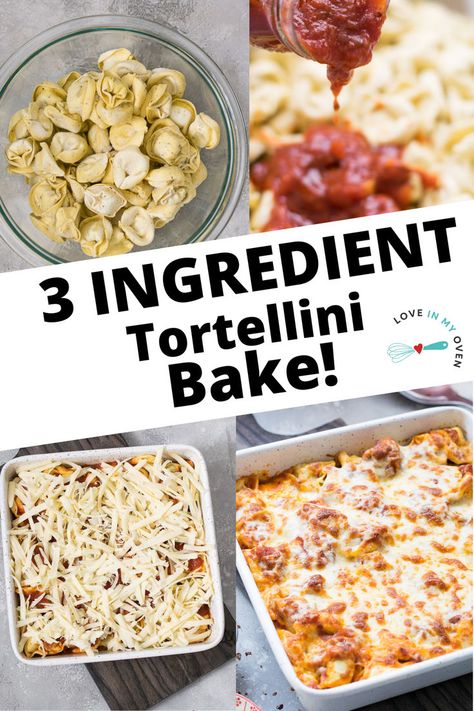 This easy 3 ingredient cheesy tortellini bake is one that will save you on a busy weeknight! All you need is cheese tortellini, a jar of pasta sauce and some extra cheese! It's delicious and takes less than 30 minutes to make! Easy Meals Tortellini, Fast Tortellini Recipes, Easy Cheesy Tortellini Bake, 3 Cheese Tortellini Recipes Easy Dinners, Cheese Tortellini Recipes Olive Oil, Recipes That Use Cheese Tortellini, Cheese Tortellini With Pesto Sauce, Tri Color Tortellini Recipes Dinners, Recipes For Cheese Tortellini