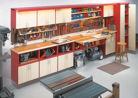 One-Wall Workshop | Woodworking Project | Woodsmith Plans Woodsmith Plans, Workshop Cabinets, Woodworking Garage, Workshop Plans, Cabinet Plans, Shop Cabinets, Garage Work Bench, Workbench Plans, Shop Layout