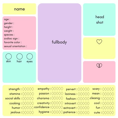 Oc Design Template, Oc Making Template, My Oc Card Template, Oc Chart Art, Vtuber Sheet Template, Characters Sheet Template, Six Characters Challenge Template, Oc Character Chart, Get To Know My Oc Template