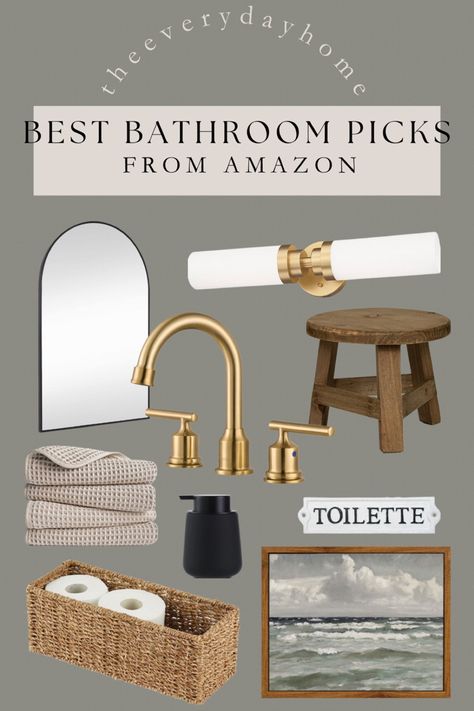 AMAZON BATHROOM PICKS AND FAVOURITES, amazon deals, bathroom decor, bathroom ideas, roundups Small Bathroom With Gold Fixtures, Amazon Organic Modern, Black And Gold Bathroom Fixtures, Organic Modern Bathroom Decor, Gold Accents Bathroom, Bathroom Gold Fixtures, Bathroom With Gold Fixtures, Mixed Metal Bathroom, Amazon Bathroom Must Haves