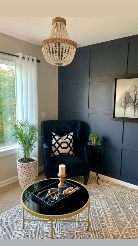 Sitting Room With Wall Panelling, Dark Wall Accent Living Room, Beaded Wall Panelling Living Room, Hale Navy Accent Wall Office, Black Navy Living Room, Navy Wall Panelling Living Room, Navy Accent Decor, Navy Panelling Dining Room, Navy And Beige Dining Room