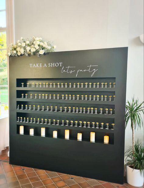 Wedding Tequila Shots Wall, Wedding Shot Glass Wall, Shots Wall Wedding, Shot Glass Wall Wedding, Wedding Tequila Shots, Unique Champagne Wall, Tequila Shot Wall Wedding, Drink Backdrop, Tequila Wall Wedding