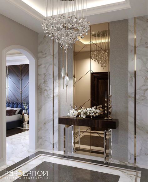 Lobby Mirror Design, Modern Entrance Foyer Design Luxury, Luxury Console Entrance, Main Hall Interior Design, Luxe Entryway, Luxury Foyer Entrance, Entrance Hall Decor, Mirror Decor Living Room, Elegant Entryway