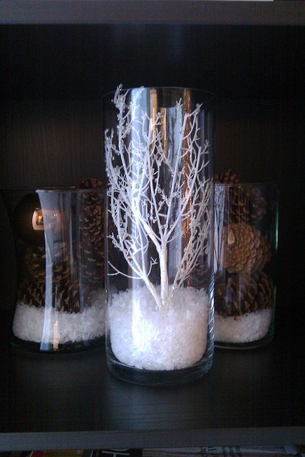 love them on the fake snow. I have so many vases sitting empty, this would be great. Formal Ideas, White Branches, Wedding Themes Winter, Fabulous Diy, Christmas Centerpieces Diy, Christmas Tablescape, Pine Cone Decorations, Winter Wonderland Party, Mom Wedding