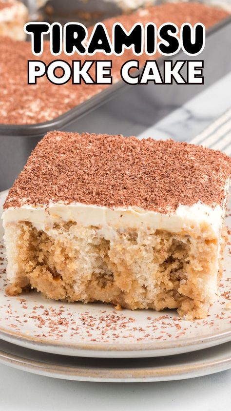 Make this decadent Tiramisu Poke Cake recipe—a simple, moist cake drizzled with sweetened coffee syrup and topped with a whipped mascarpone vanilla frosting. This recipe is made without liqueur so that the entire family can enjoy this perfect dessert. This delicious poke cake recipe will be one you turn to again and again! Tiramisu Poke Cake Recipe, Tiramisu Poke Cake, Cannoli Poke Cake, Tandy Cake, Simple White Cake, Whipped Mascarpone, Tiramisu Cake Recipe, Easy Tiramisu, Easy Tiramisu Recipe