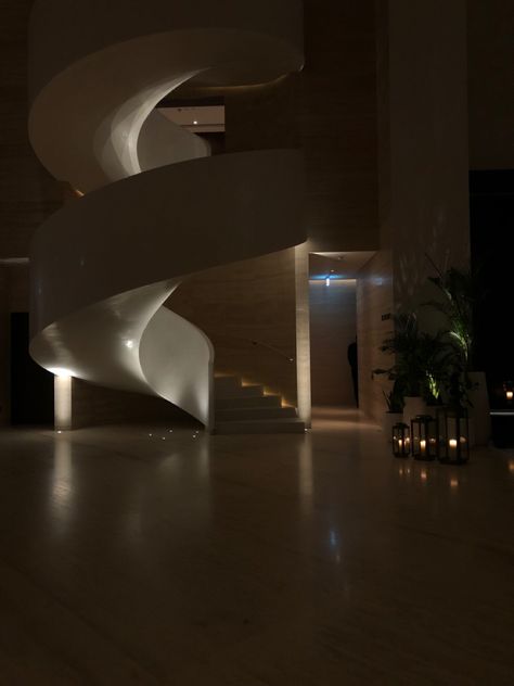 Swirling staircase Unrealistic House Interior, Dubai Houses Luxury Inside, Rich Architect Lifestyle, Architecture House Aesthetic, Modern Mansion Aesthetic, Luxury Hotel Building, Ethereal Architecture, Surreal Interior, Dubai Homes