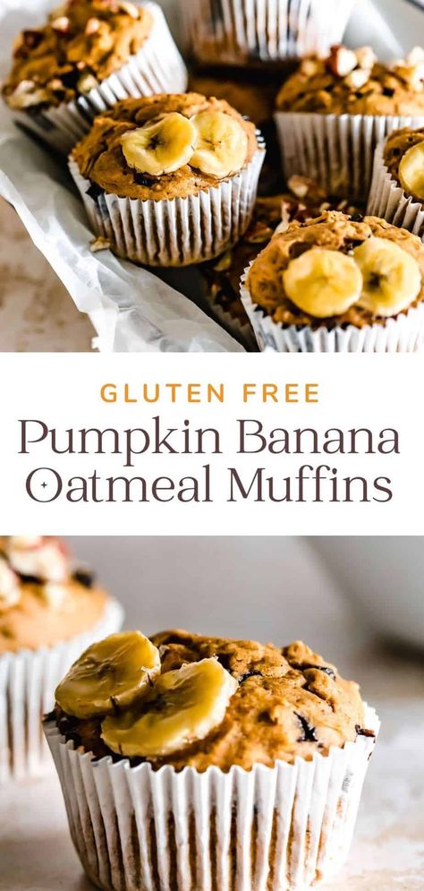 An easy recipe for gluten-free Pumpkin Banana Oatmeal Muffins. Great for breakfast or as a snack, these moist homemade muffins are filled with healthy and yummy ingredients. Paleo Pumpkin Banana Muffins, Gf Pumpkin Banana Muffins, Healthy Pumpkin Banana Oat Muffins, Banana Pumpkin Muffins Gluten Free, Banana Pumpkin Oat Muffins, Pumpkin And Banana Recipes Gluten Free, Healthy Banana Pumpkin Oatmeal Muffins, Pumpkin Banana Muffins Gluten Free, Banana Pumpkin Recipes Healthy