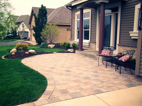 Front Walkway Landscaping, Front Yard Walkway, Front Yard Patio, Walkway Landscaping, Concrete Patios, Walkway Design, Pathway Landscaping, Front Walkway, Front Yard Design