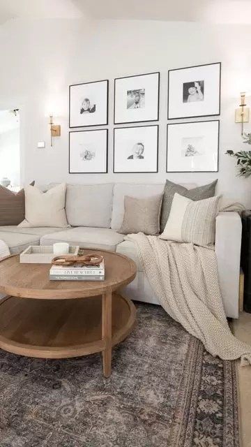 Bare Walls Living Room, Living With Meg, Neutral Home Decor Living Room Small Spaces, Transitional Apartment Living Room, Beige Couch Grey Pillows, Modern Natural Living Room Decor, Style A Beige Couch, Neutral Cozy Living Room Small Spaces, Cozy Apartment Color Scheme