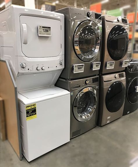 Small Washer Dryer Combo, Double Stackable Washer And Dryer, Tiny Laundry Room Ideas Stackable, Laundry Room With Wallpaper, Small Washer And Dryer, Cheap Appliances, Apartment Washer, Room With Wallpaper, Organization Laundry Room