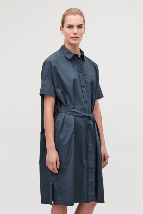 Model side image of Cos belted oversized shirt dress  in blue Steel Blue Dress, Cos Shirt, Blue Dress Outfits, Wardrobe Sale, Knitted Dresses, Oversized Shirt Dress, Zara Outfit, Printed Dresses, Woman Dress