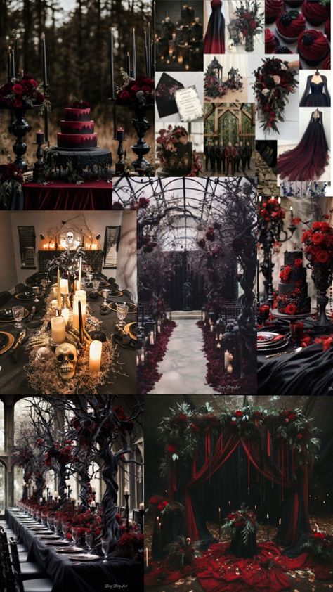 Red And Black Wedding Color Schemes, Wedding Black And Red Theme, Goth Christmas Wedding, Black Red Silver Wedding, Vampire Theme Wedding, Black And Red Aesthetic Wedding, Black And Dark Red Wedding Theme, Deep Red And Black Wedding, Maroon Wedding Aesthetic