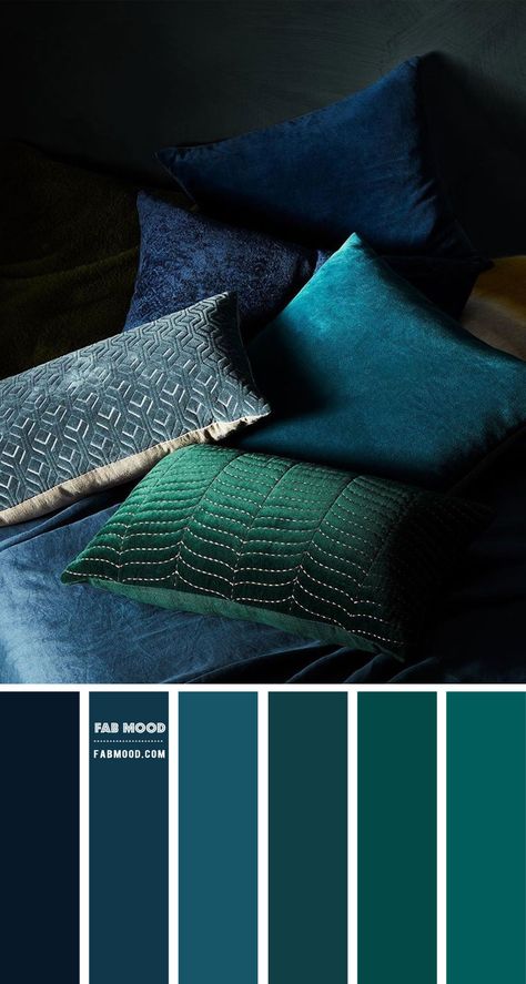 Teal Bedroom Palette, Navy Emerald Living Room, Prussian Blue Living Room, How To Decorate A Bedroom With Blue Walls, Emerald Green Blue Color Palette, Emerald Green And Navy Bedroom, Navy Teal Green Color Palette, Deep Blue Color Scheme, Teal And Green Decor