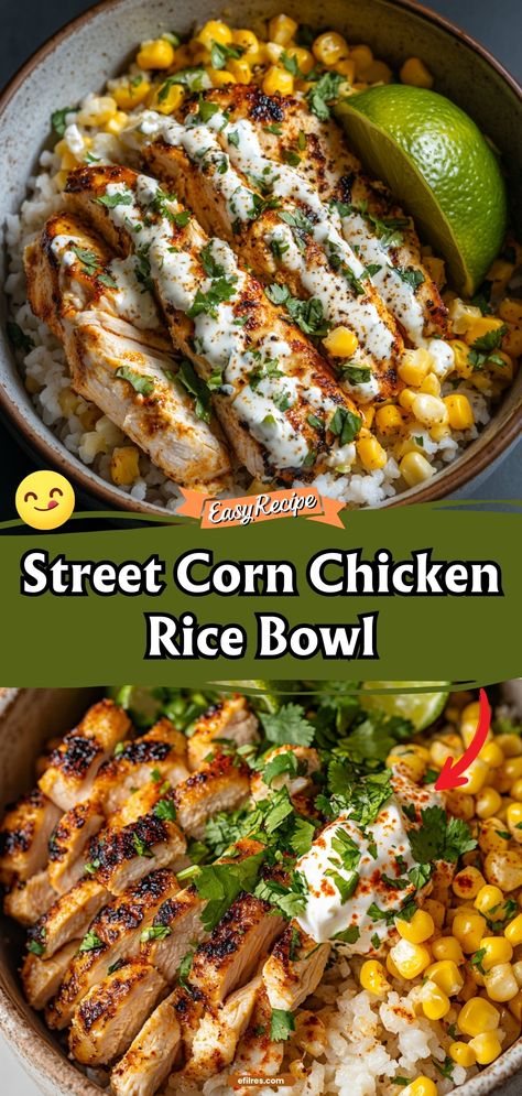 Take your taste buds on a trip with this street corn chicken rice bowl, bursting with the flavors of grilled corn, spicy chicken, and fresh lime. #StreetCorn #ChickenBowl #Flavorful Dinner For The Grill, Meal Idea Recipes, Grilled Chicken And Rice Bowls, Mango Salsa Chicken Bowl, Chicken And Street Corn, Chicken Flavored Rice Recipes Easy, Chicken Street Corn Rice Bowl, Chicken Corn Rice Bowl, Fiesta Chicken Bowl