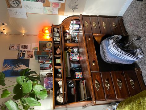 A dark academia inspired twist on an art desk. Filled with all kinds of treasures Dark Academia Vanity, Aesthetic Shop, Art Desk, Dark Academia, Liquor Cabinet, Vanity, Twist, Desk, Furniture