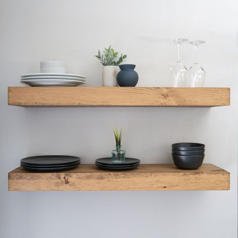 MODERN Floating Shelves 3 Inches Thick - Etsy Canada Floating Shelves Natural Wood, Farmhouse Kitchen With Floating Wood Shelves, Raw Wood Floating Shelves, Floating Shelves In Bar, Bathroom Wood Floating Shelves, Floating Butcher Block Shelves, Chunky Wood Shelves, Bamboo Floating Shelves, Natural Wood Floating Shelves Bathroom