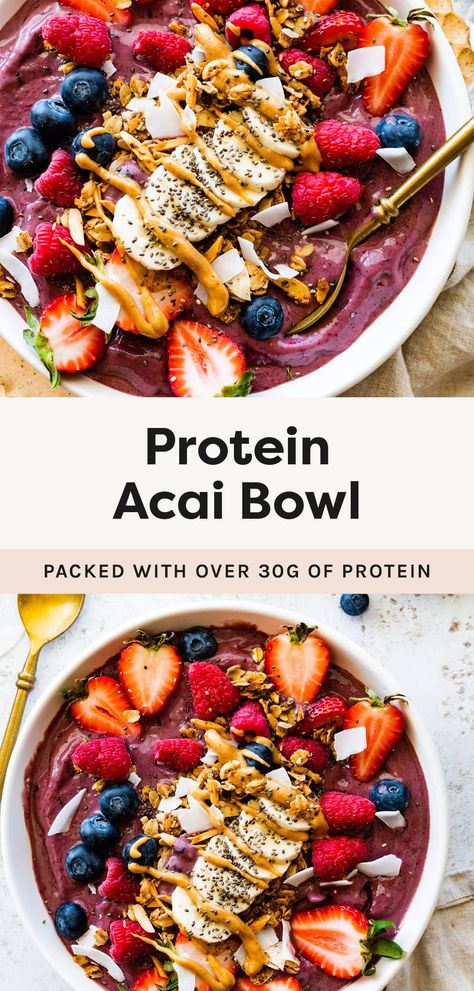 Make a high protein acai bowl with banana, berries, frozen acai puree, greek yogurt, protein powder and all your favorite toppings! It's healthy, super easy to make and packed with over 30 grams of protein. Paleo Acai Bowl, Fall Acai Bowl, Acai Bowl Meal Prep, How To Make An Acai Bowl At Home, Acia Bowls How To Make, Protein Acai Bowl Recipe, Keto Acai Bowl, High Protein Breakfast Bowls, Diy Acai Bowl Recipes